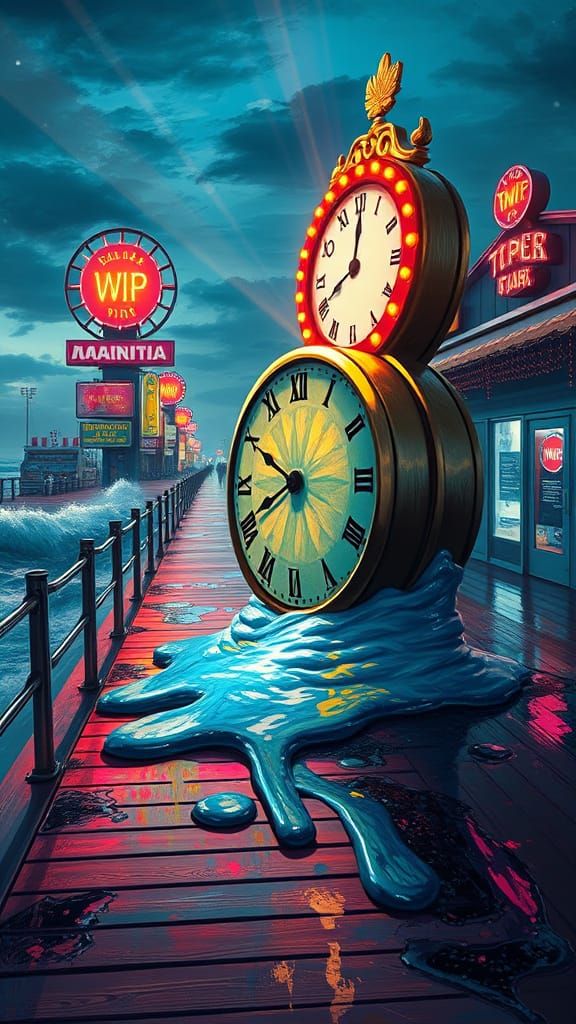Melting Clock on Neon Boardwalk, Impasto Gouache Painting
