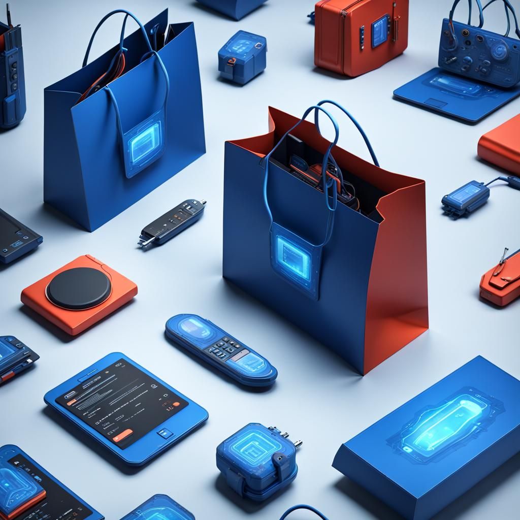 Electronic Gadgets Overflowing Shopping Bag, Detailed Matte ...