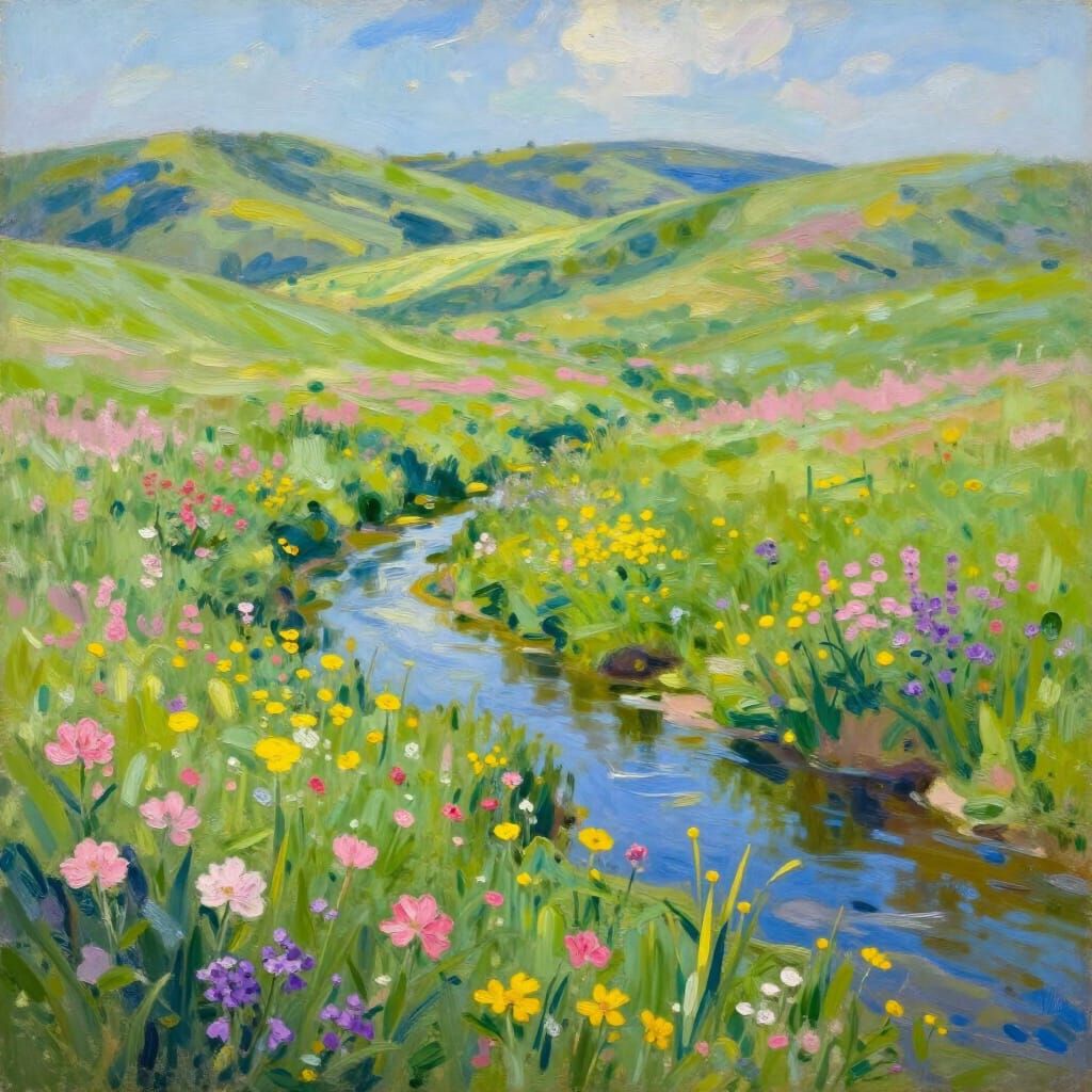 Vibrant Spring Landscape with Wildflowers and Stream