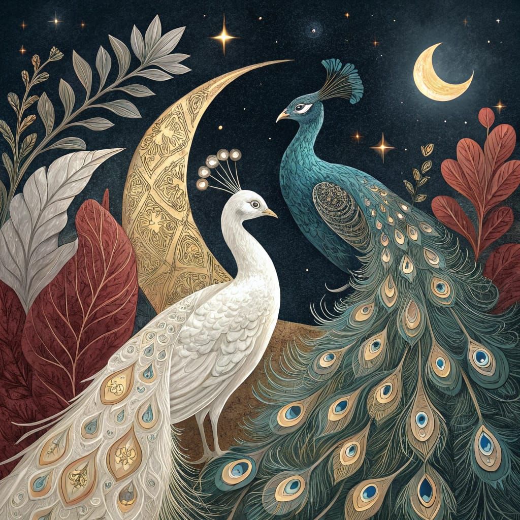 Luxurious Celestial Scene with Peacocks in Gold Leaf