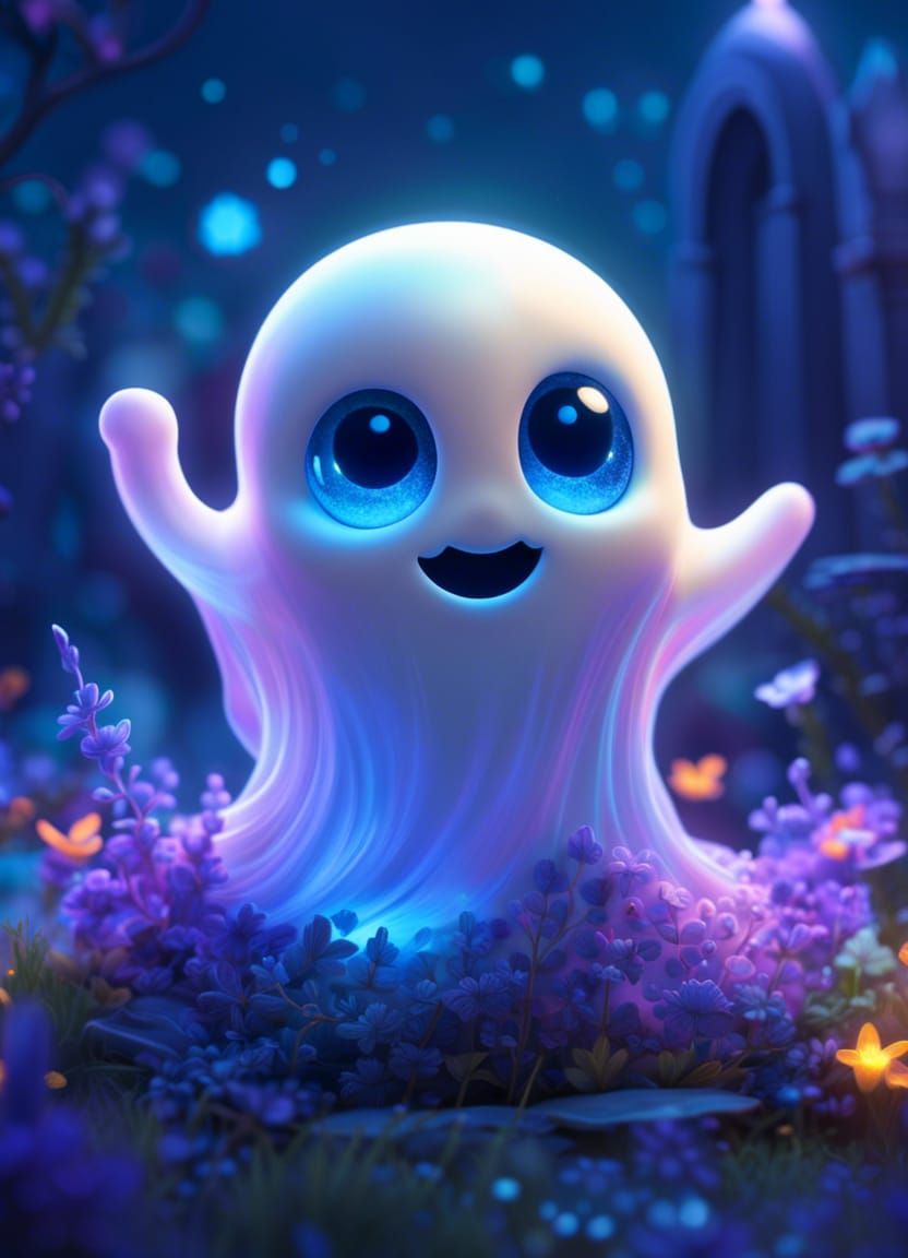 Adorable Ghost in Bioluminescent Cemetery: Pixar Style