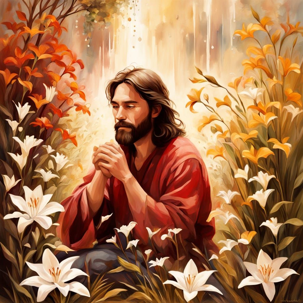 Man in Lily Garden Anointed in Earthy Oil Painting