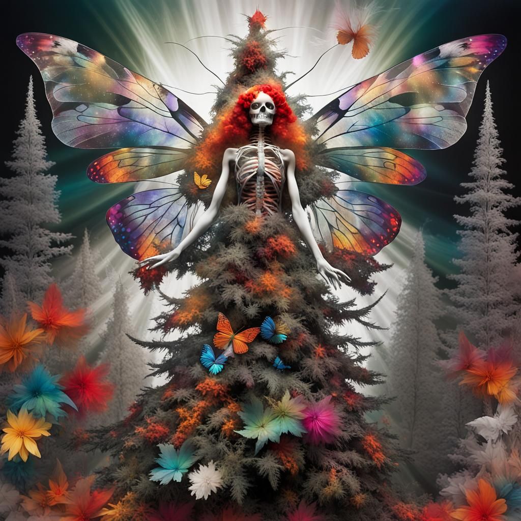 Christmas tree , Photogram of a rainbow multicoloered fairy with butterfly wings by Mann Ray, Christmas tree, Photogra...