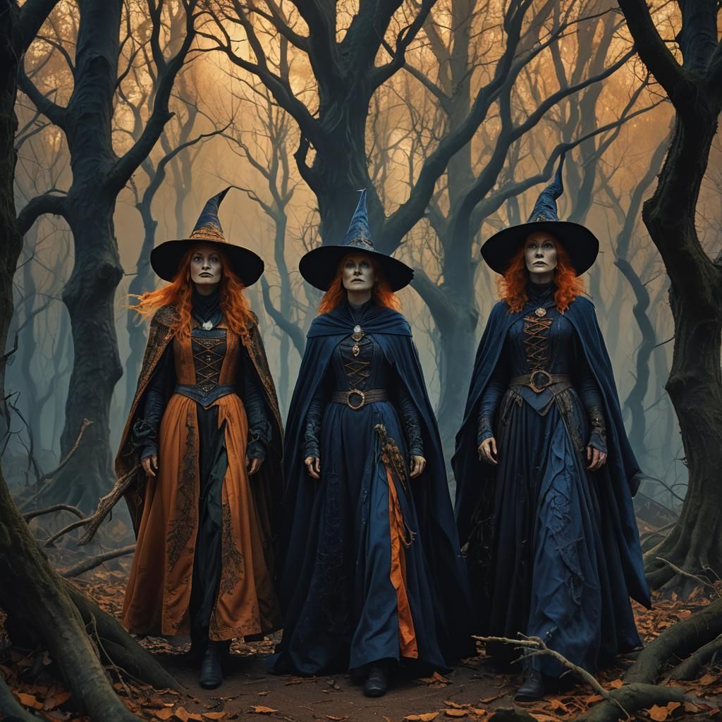 Mystical Salem Witches in Eerie Forest at Dusk