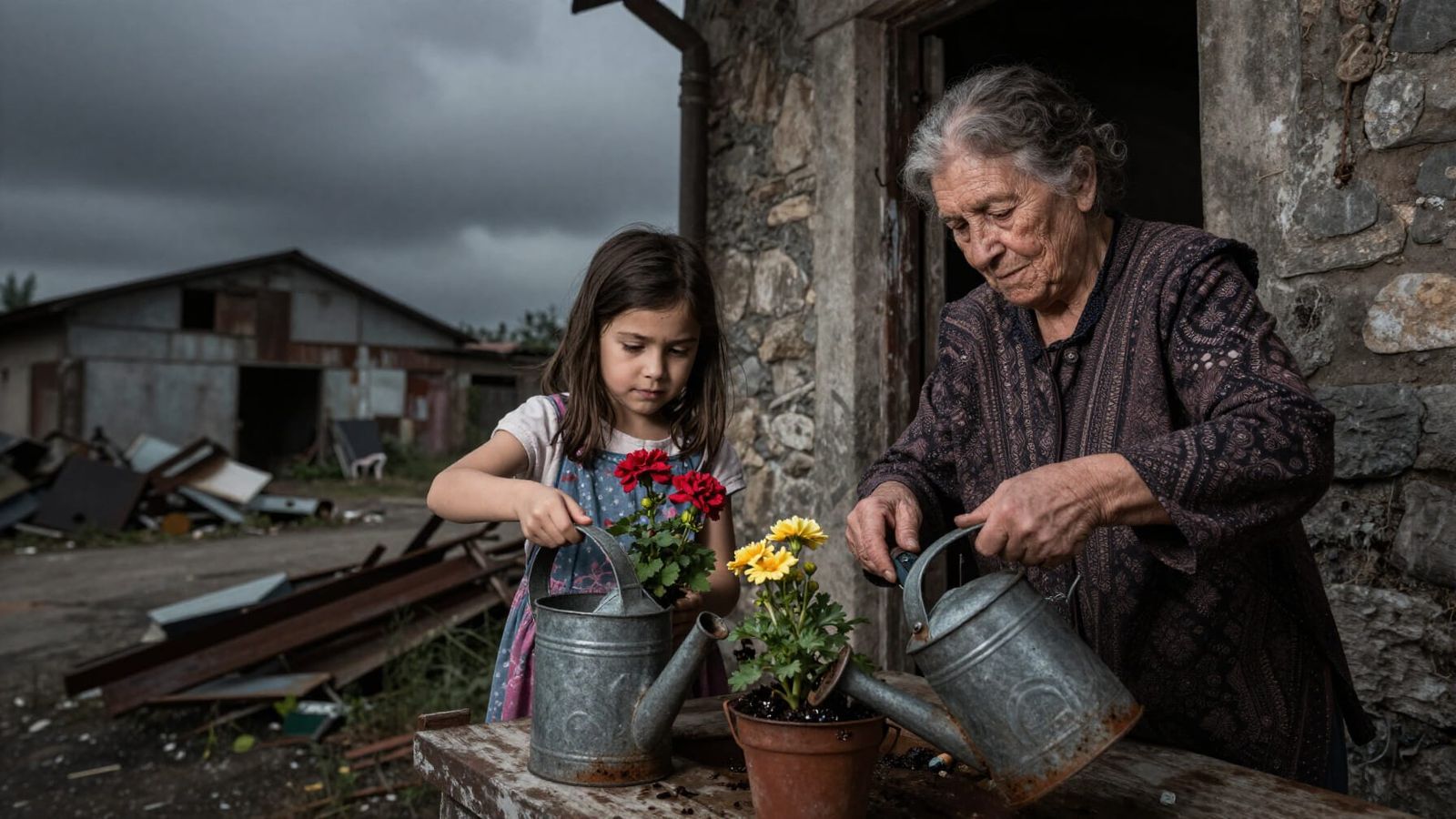 Girl and Old Woman Watering Flowers in Industrial Setting