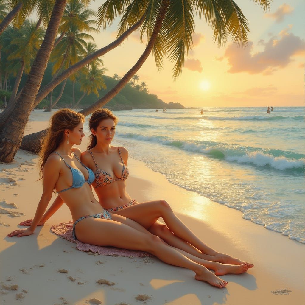 Women in Serene Beach Scene, Impressionist Style