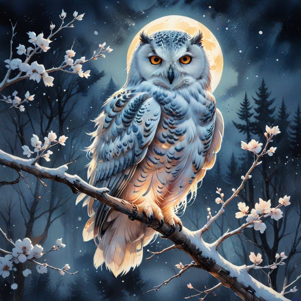 Moonlit Snow Owl in Dreamy Pastel Hues