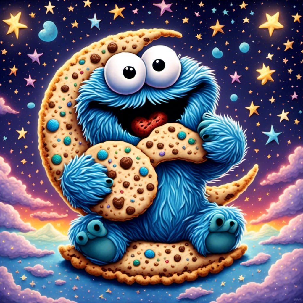 Chibi Cookie Monster on Crescent Moon, Jim Henson Style