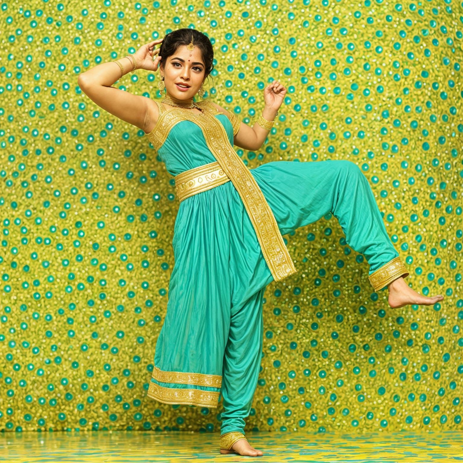 An actress dancing and singing in a Bollywood musical,