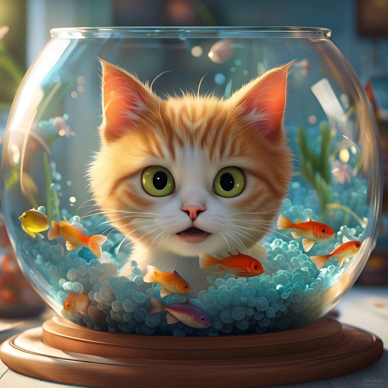 Adorable Cat in Fishbowl, 3D Render