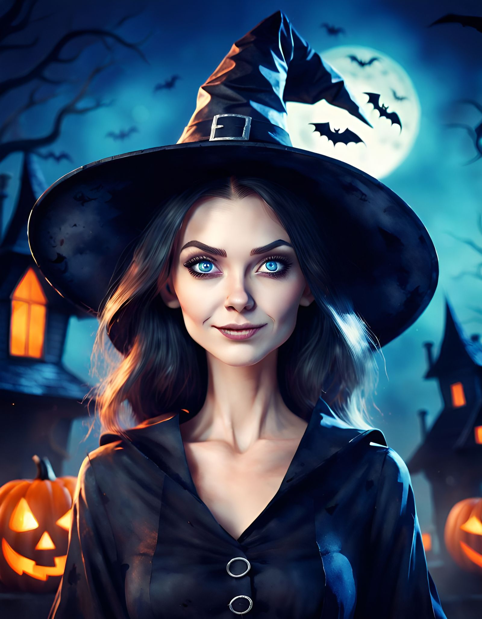 Halloween Witch Smirks in Haunted House: Watercolor Style