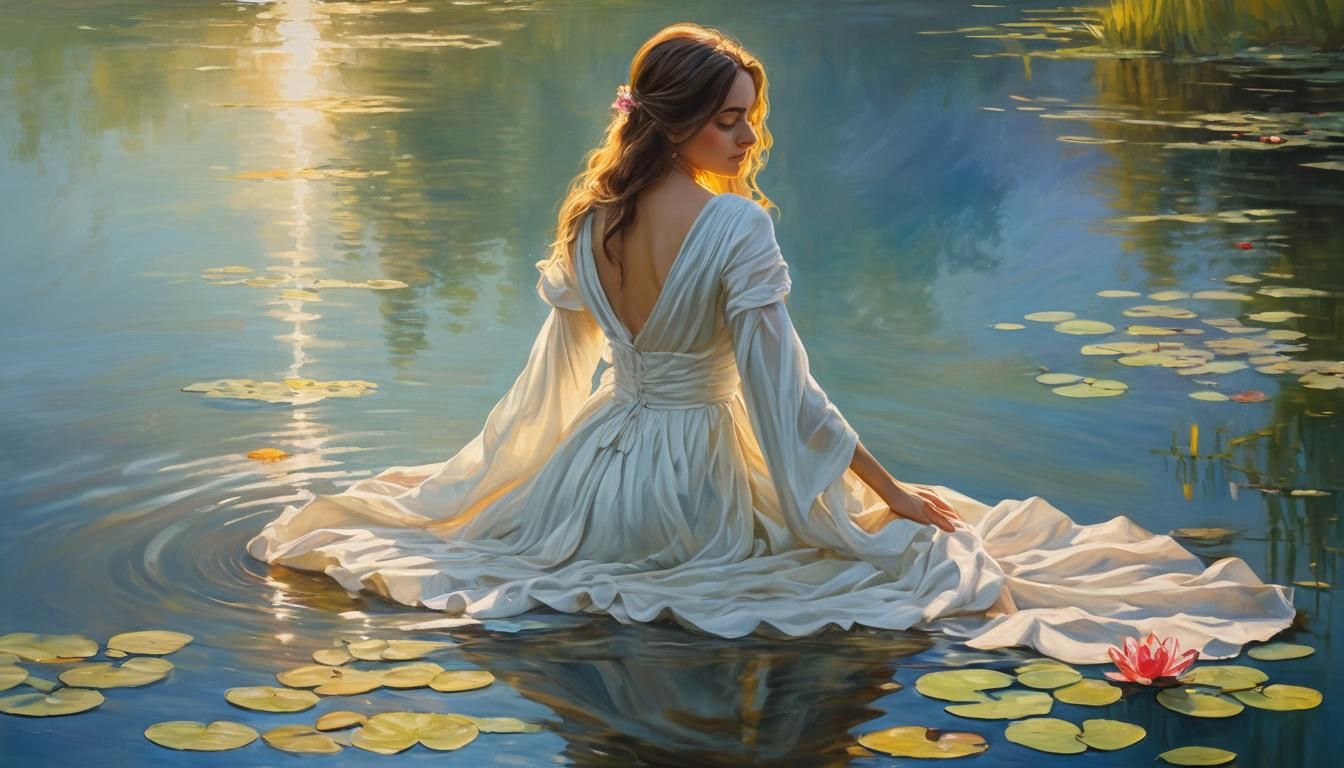 Woman by Lake: A Vibrant Oil Painting