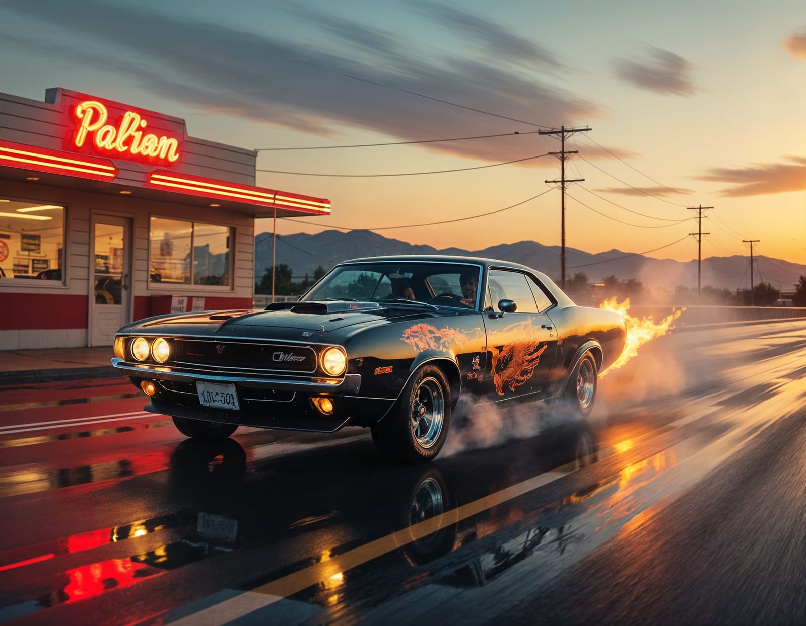 (American muscle car:1.35) with (airbrushed flames + eagle m...