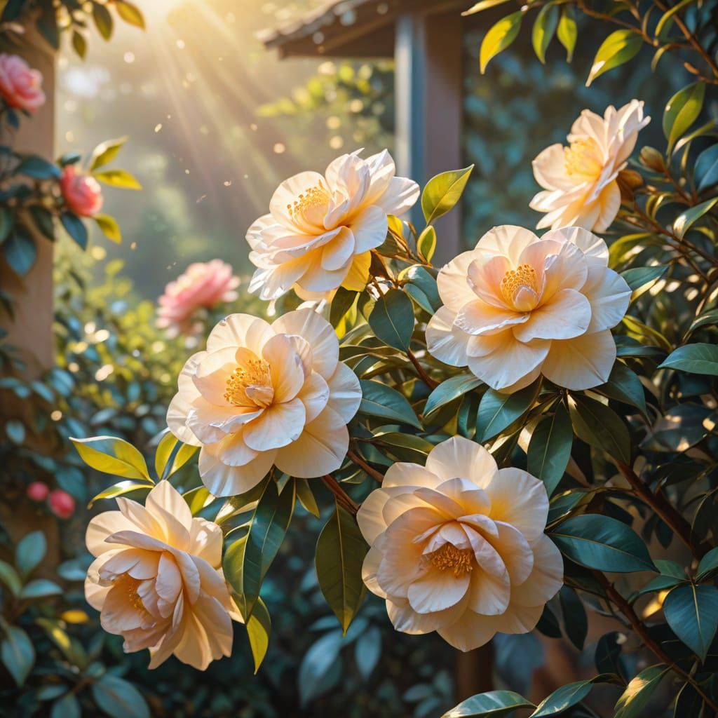 Impressionist Camellias in Golden Light