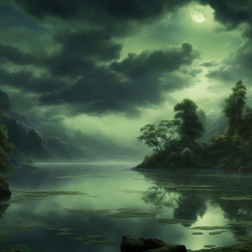 Misty Lake Storm in Pre-Raphaelite Style