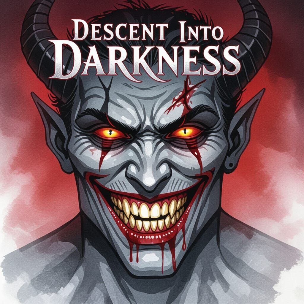 Evil Demon's Grin: Descent Into Darkness, Watercolor Style