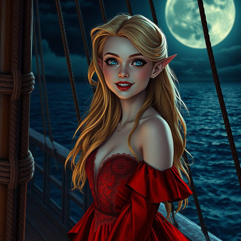 Vampire Elf on Pirate Ship in Gothic Art
