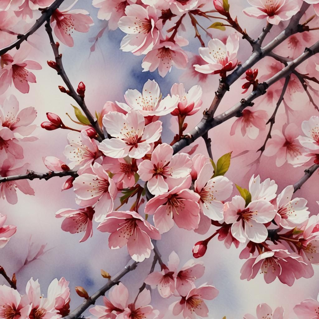 Watercolor Cherry Blossom Petals Unfolding on Sakura Branch