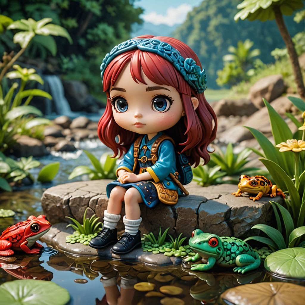 Chibi Character Watching Frog in Ceramic Art Style