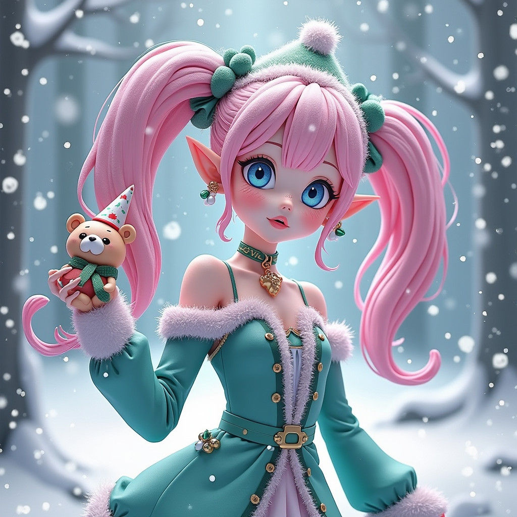 Festive Christmas Elf and Bear in Anime Style