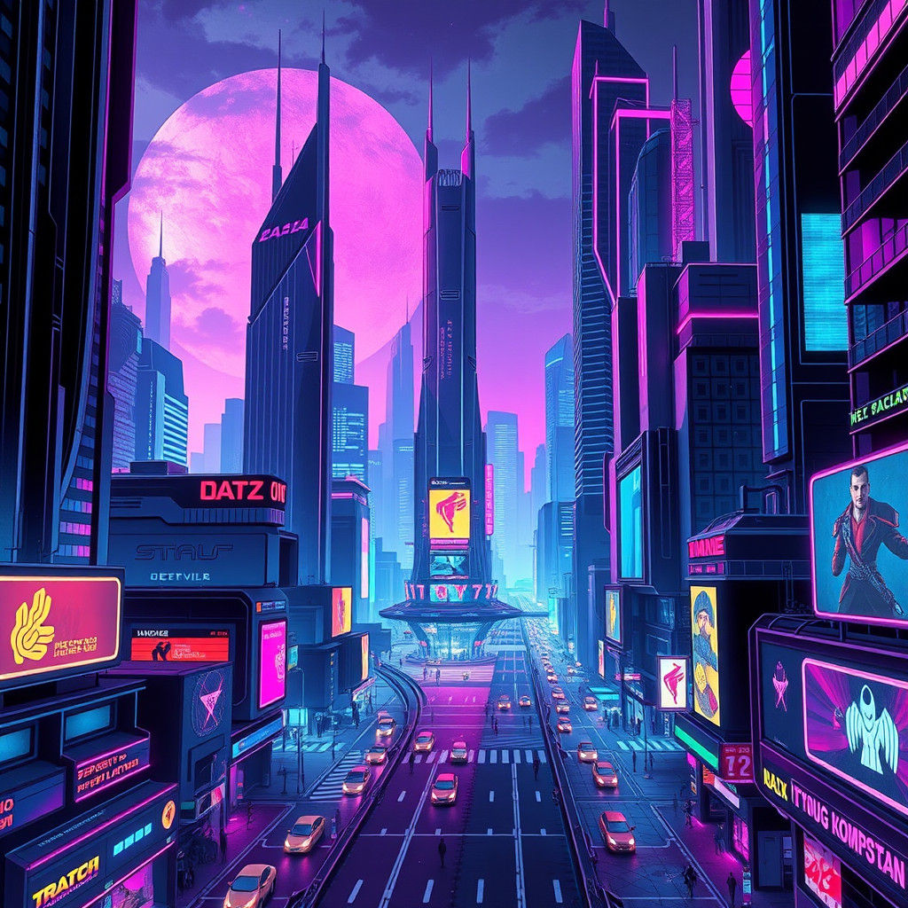 Cyberpunk Cityscape with Neon Lights and Holographic Adverti...