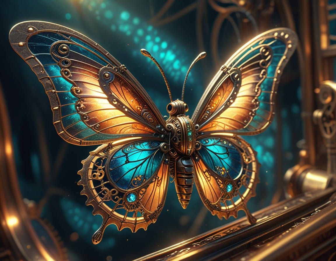 Steampunk Butterfly in Flight with Ethereal Aura