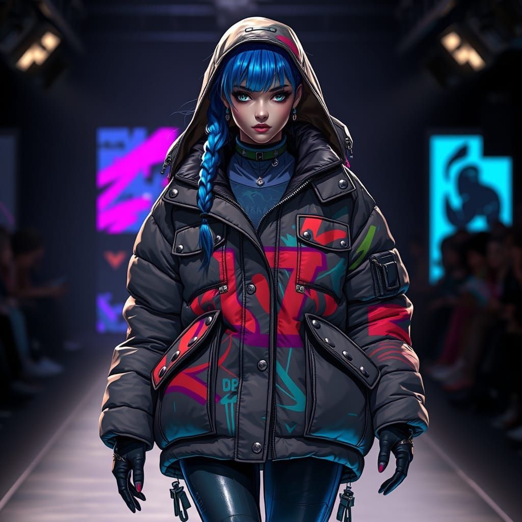 Cyberpunk Fashionista Struts the Catwalk in Oversized Down J...