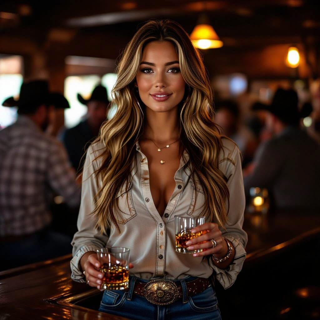 Cowgirl Enjoys Whiskey at a Dimly Lit Western Bar