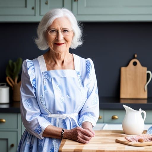 Portrait of Woman with White Hair in Blue Dress