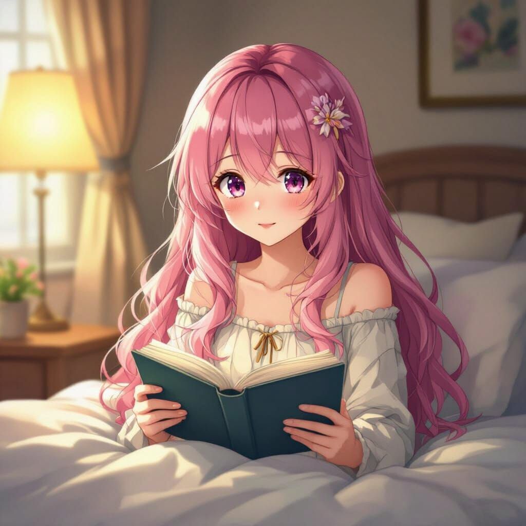 Anime Girl Reading Book in Cozy Room