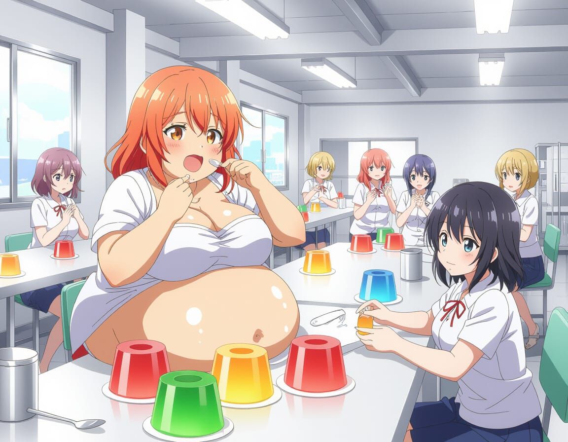 Ultra Obese Anime Girl Devouring Jell-O in Factory