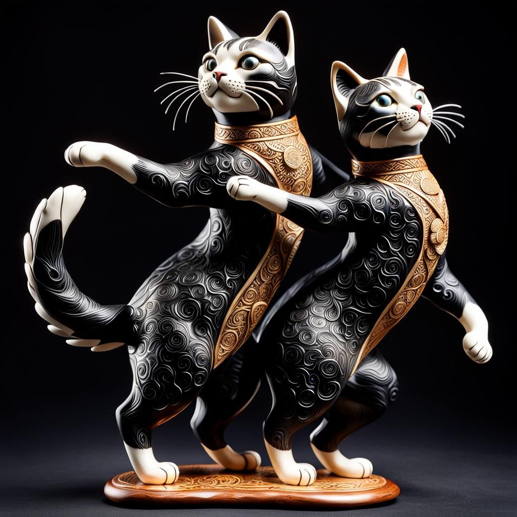 Intricately Carved Netsuke-Katobori Dancing Cats