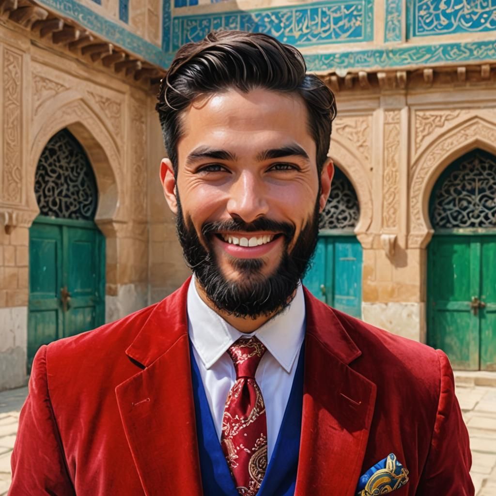 Elegant Man in Mosque Courtyard, Anime Key Visual