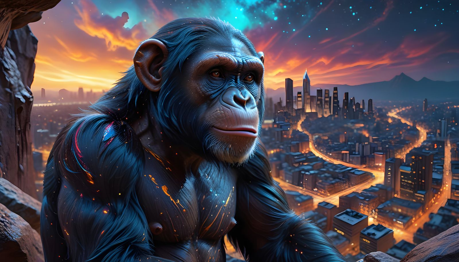 Realistic Chimpanzee Points at Cosmic Cityscape in Vibrant A...