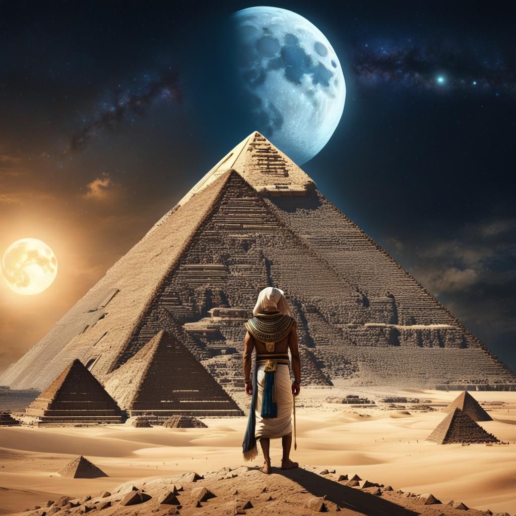 Egyptian Man Gazing at Moonlit Pyramid