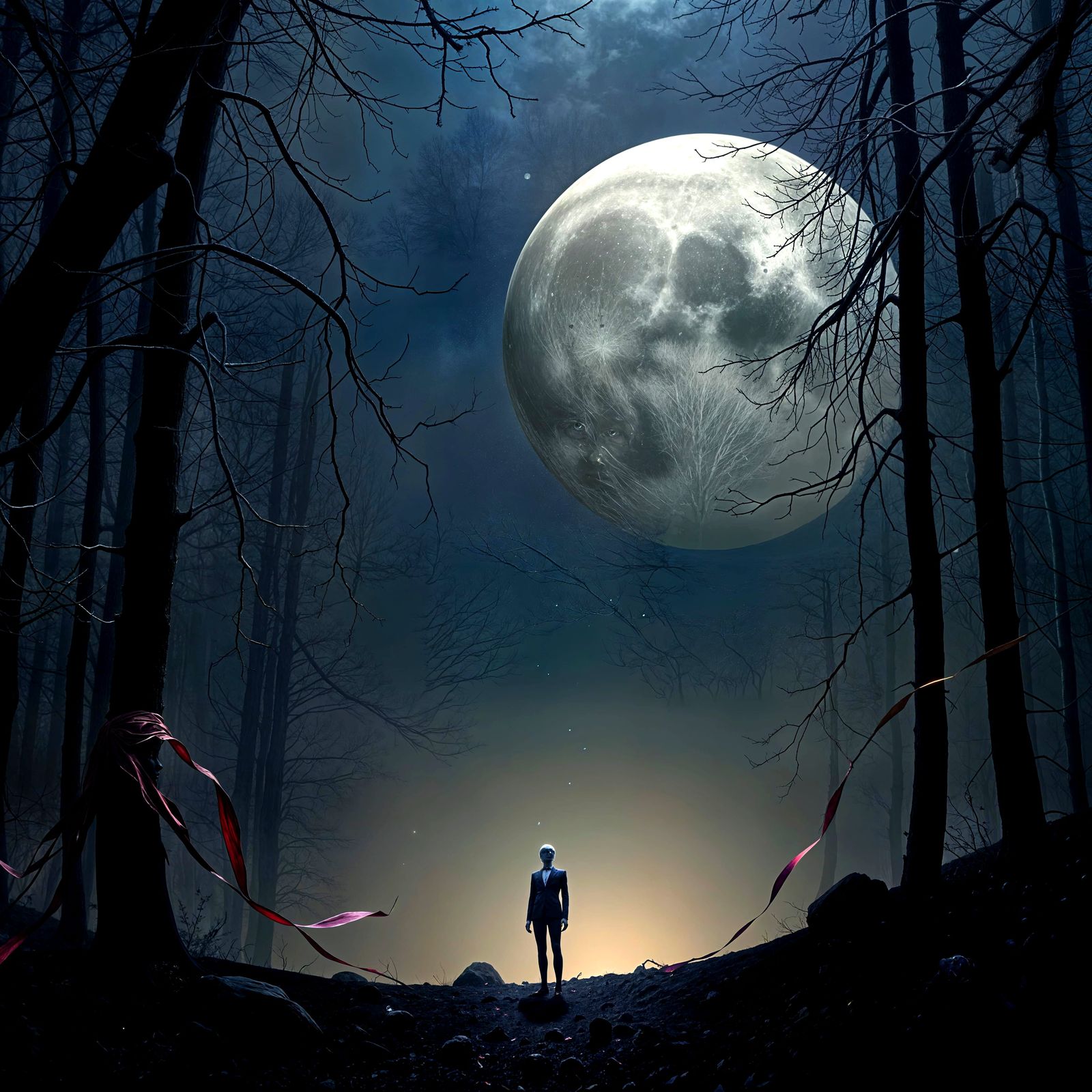 Surreal Porcelain Mannequin in Moonlit Forest