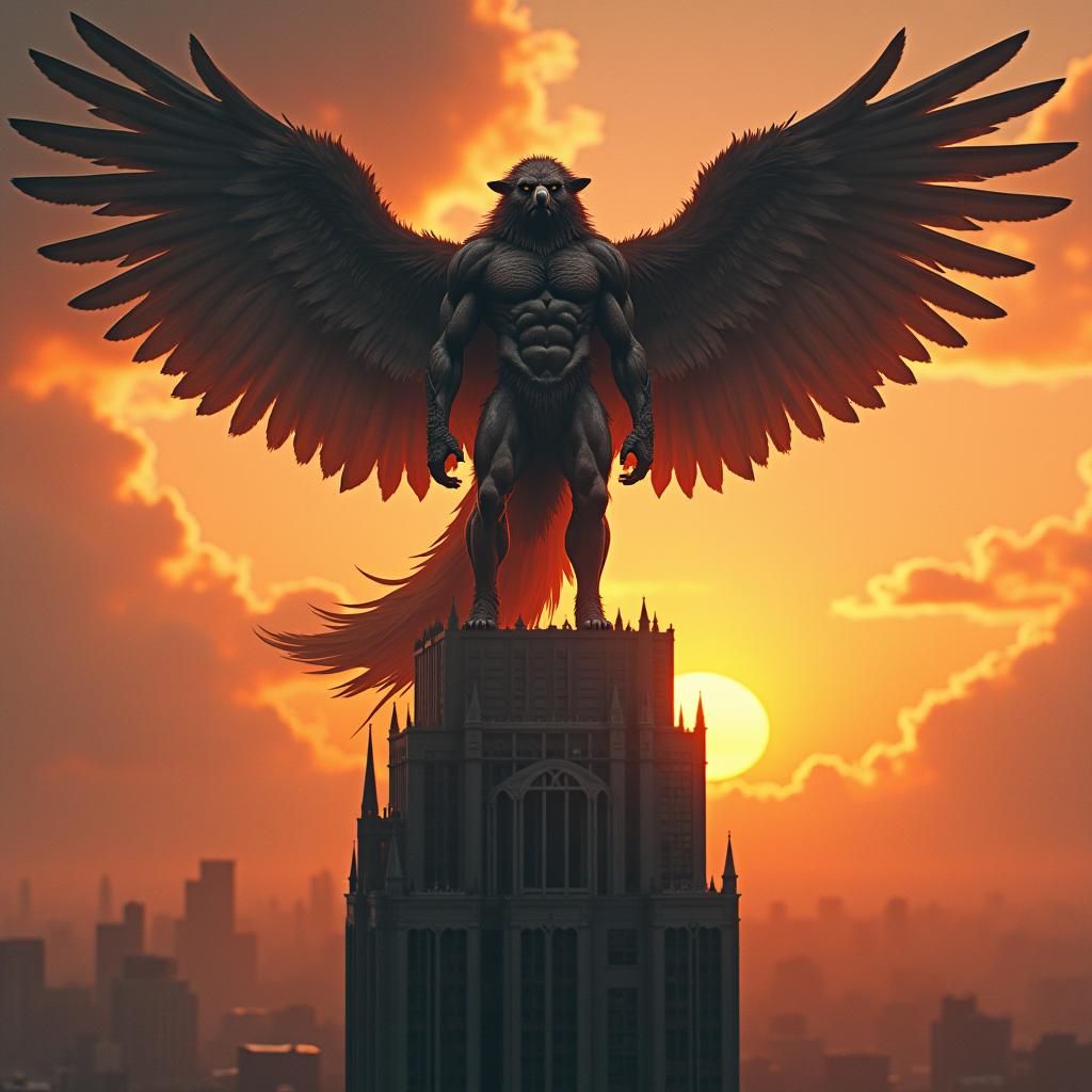 Werewolf Eagle Hybrid Hero on Gothic Skyscraper