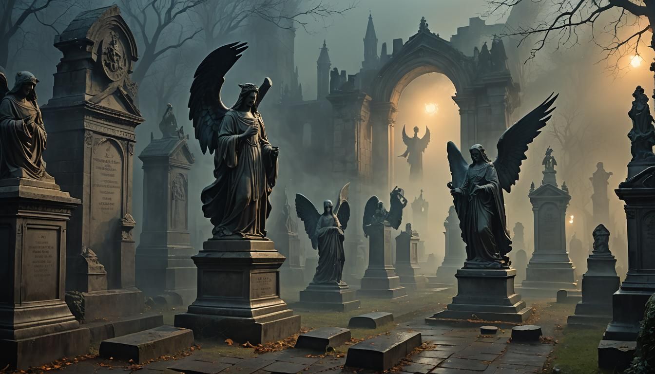 Ethereal Graveyard: Angels and Ghosts in Dark Fantasy Oil Pa...