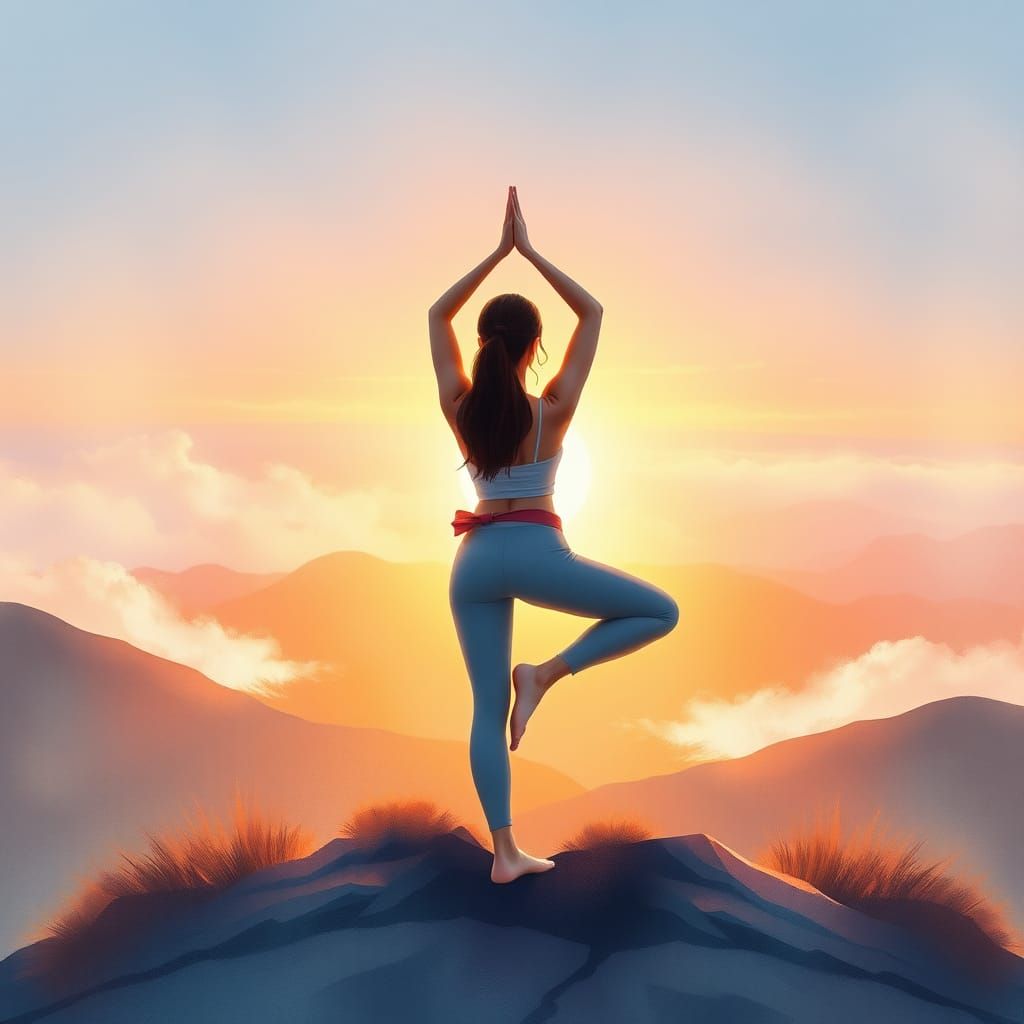 Woman's Serene Sunrise Yoga: Watercolor Illustration