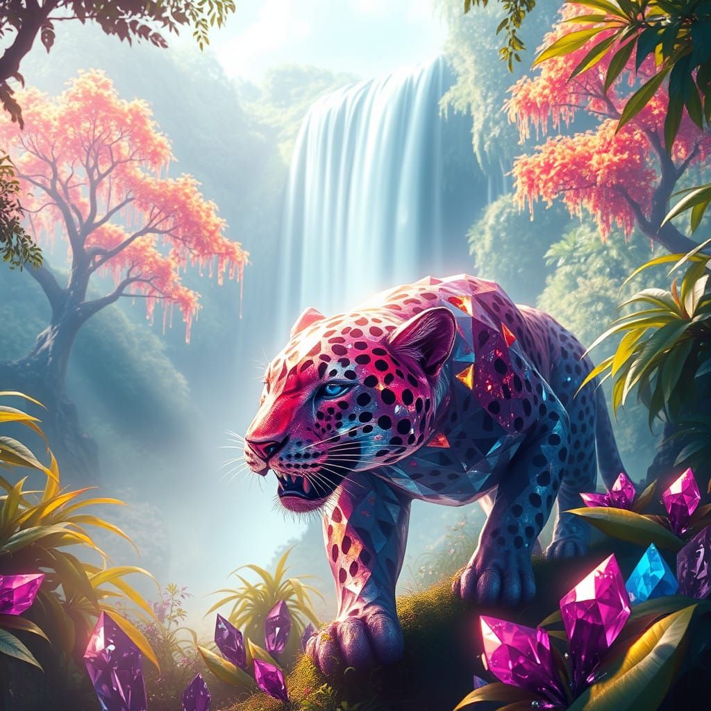 Crystal Jaguar Emerging from Sapphire Waterfall in Gemstone....