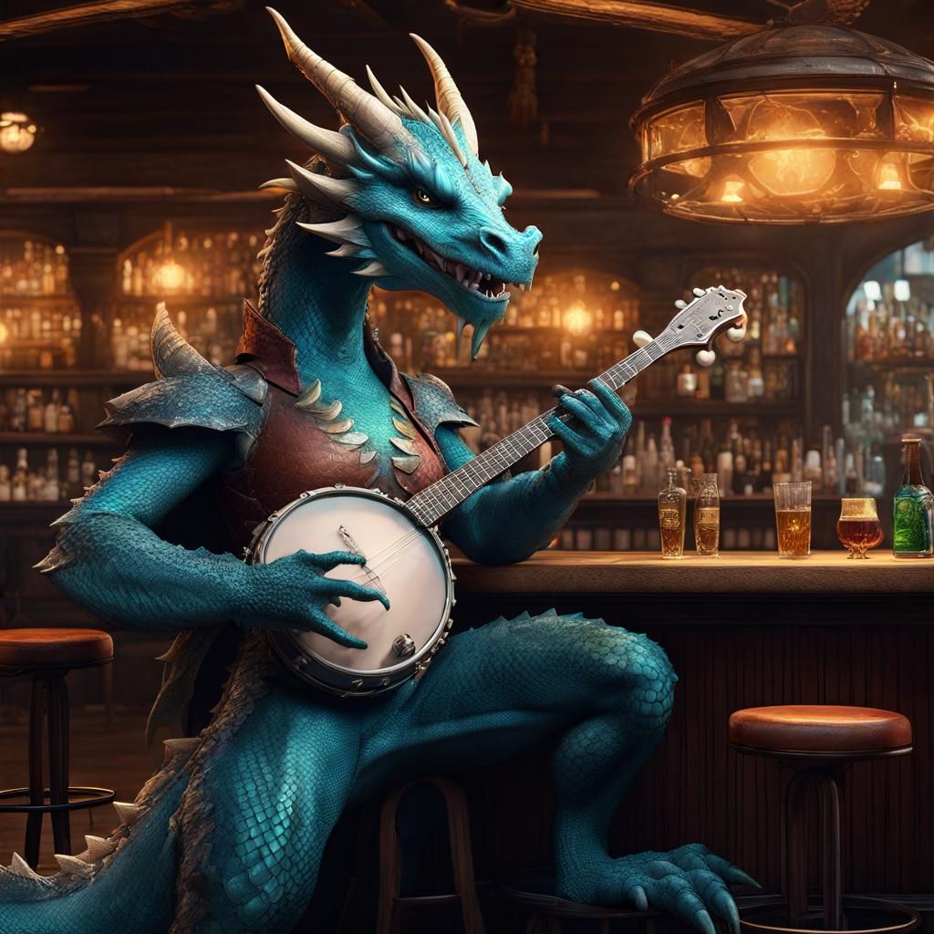 Dragon Girl Plays Banjo in Fantasy Art Style