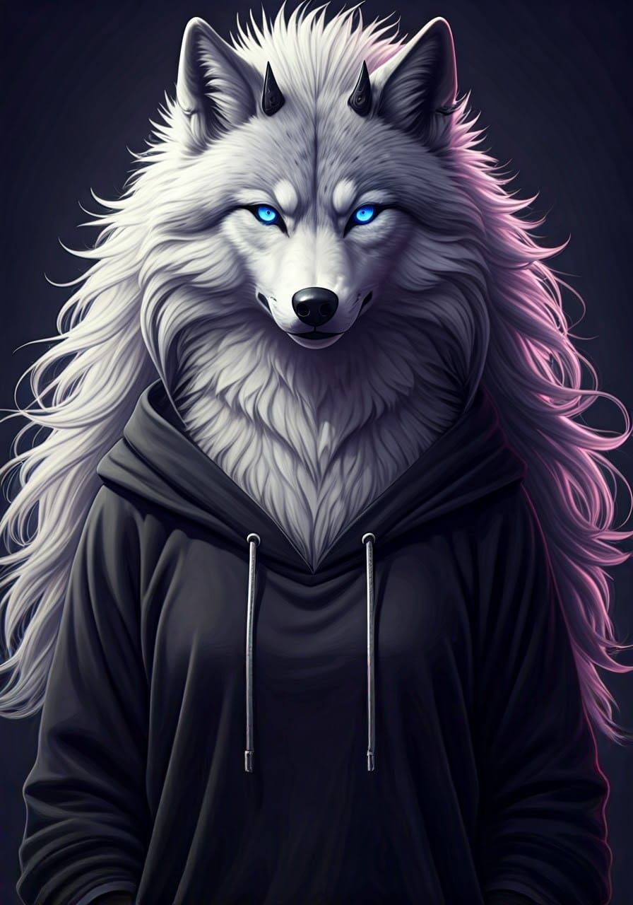 Anthropomorphic Wolf with Silver Hair, Digital Illustration