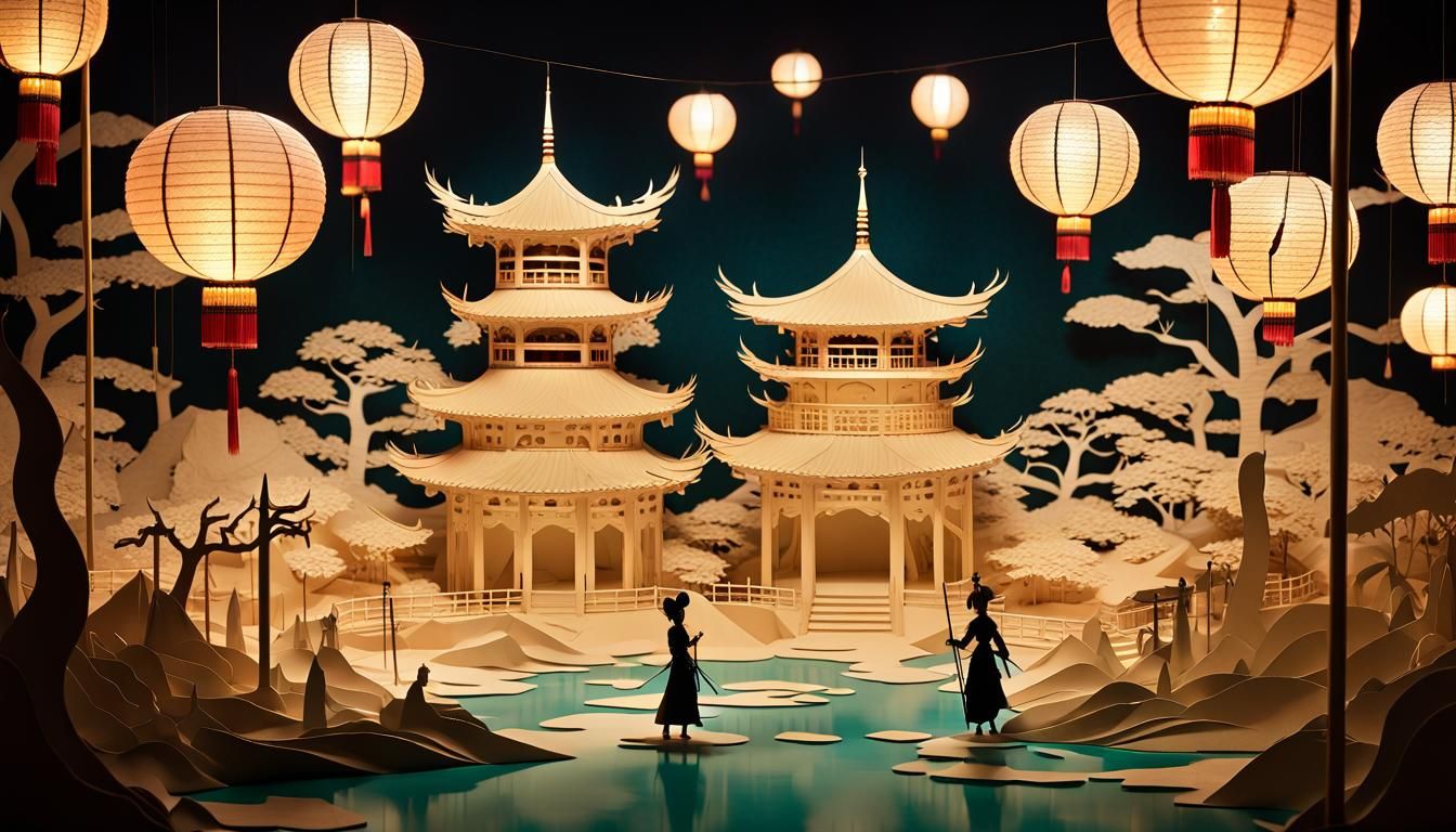 Ethereal Shogun Amusement Park in Silhouette Animation Style