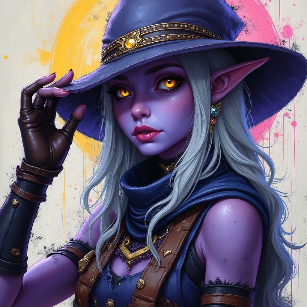 Ethereal Dark Elf Ranger in Vibrant Graffiti Landscape