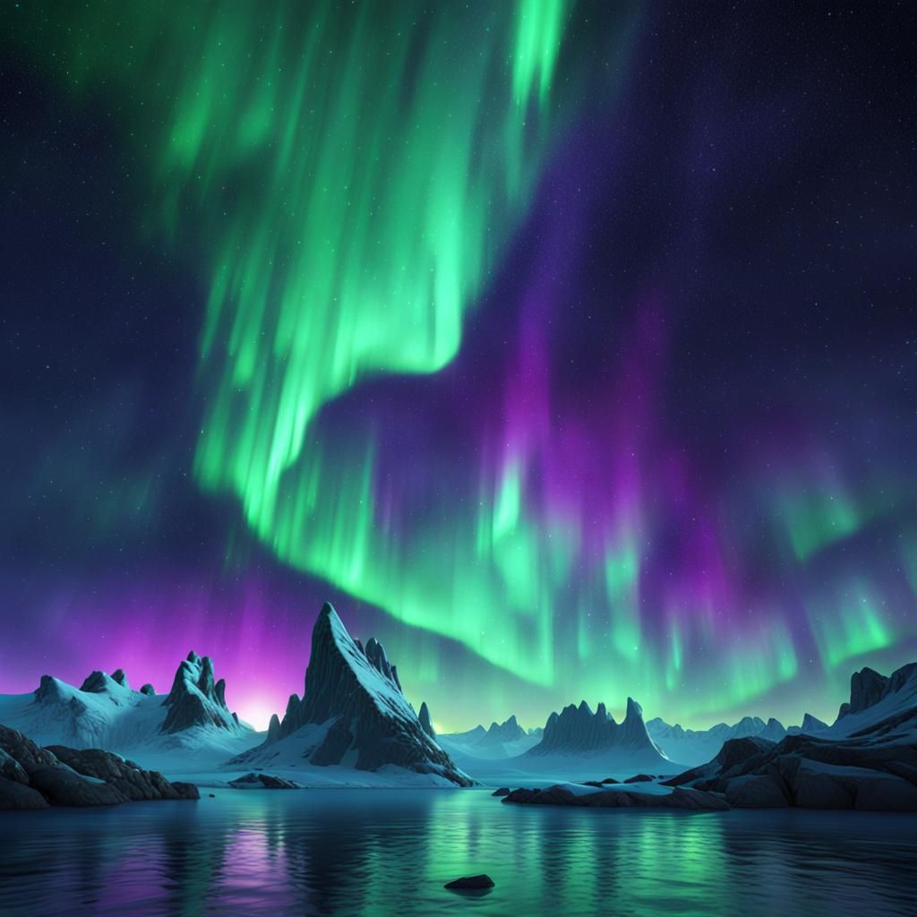 Green and Purple Aurora Borealis in Starry Sky