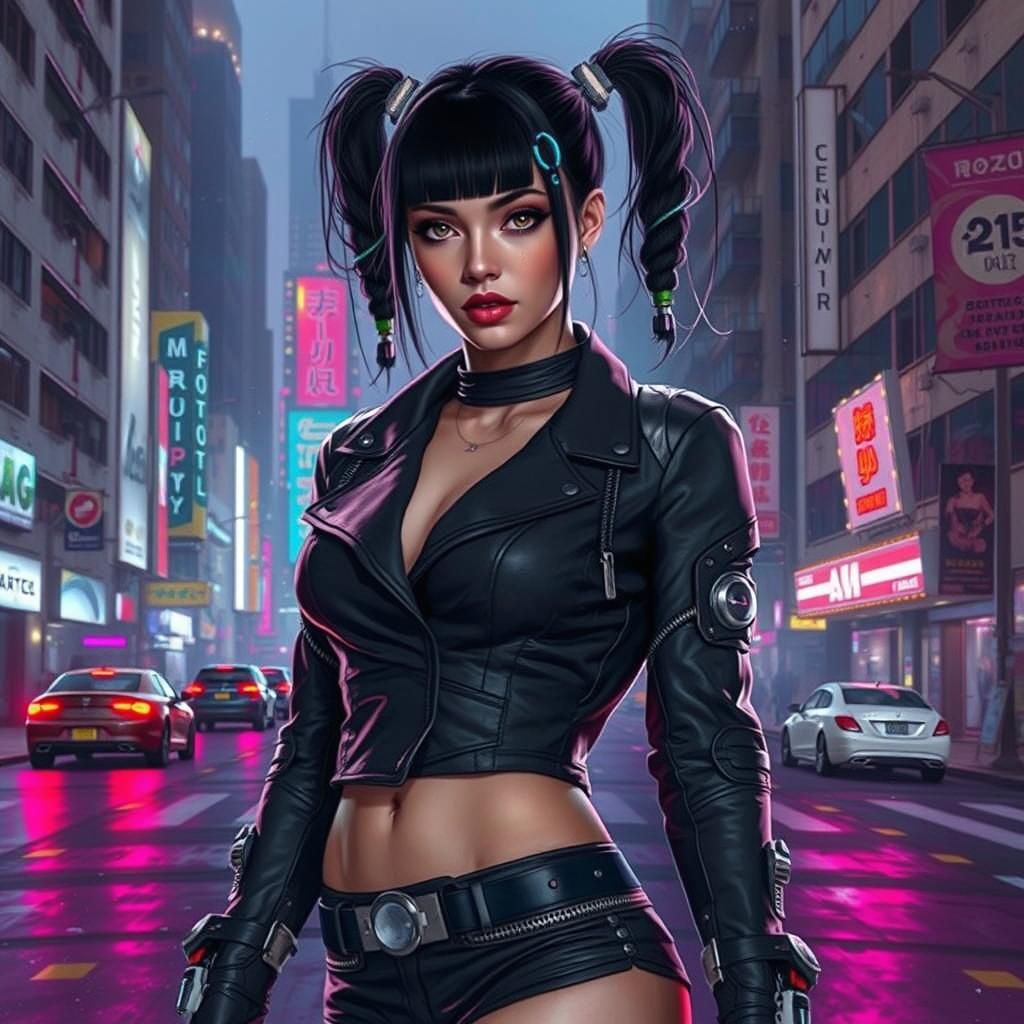 High-Fashion Cyborg Model in Cyberpunk Urban Scene