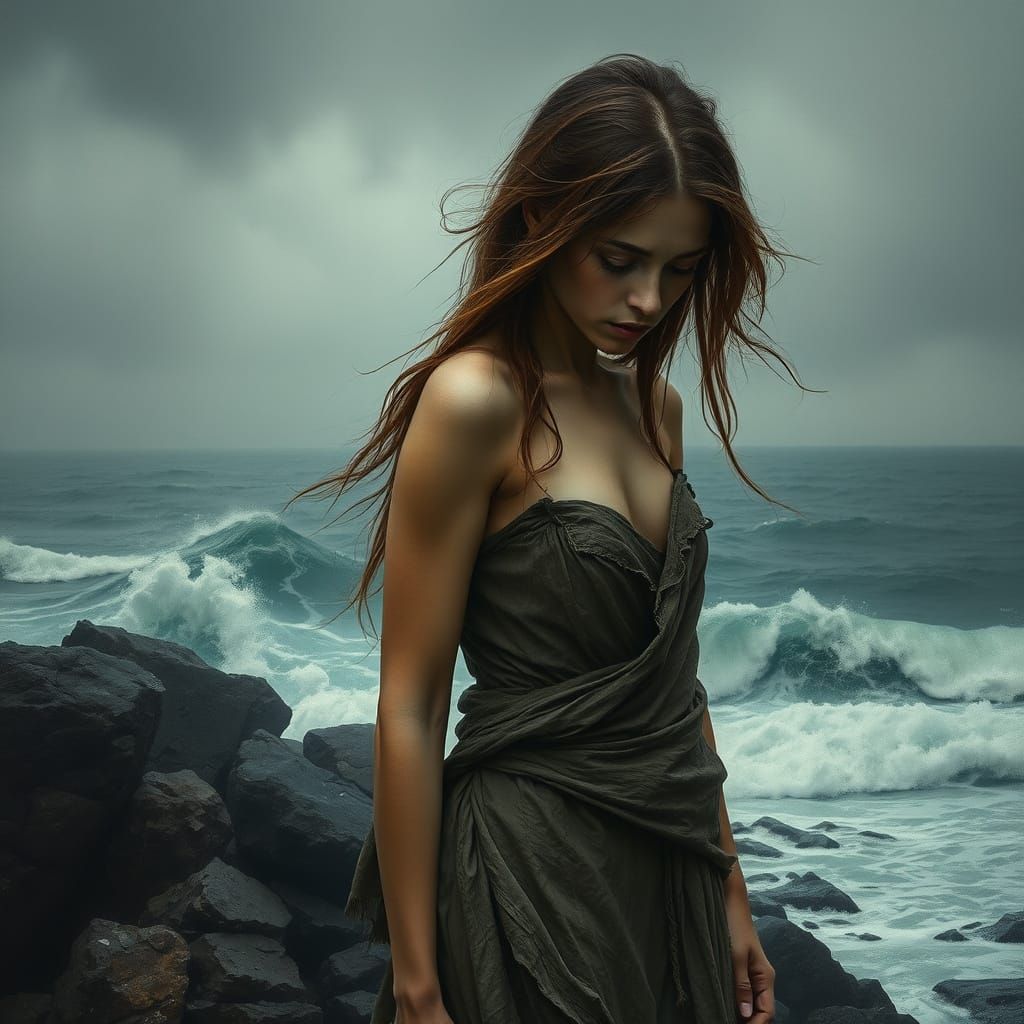 Melancholic Woman on Rocky Coastline in Hauntingly Beautiful...