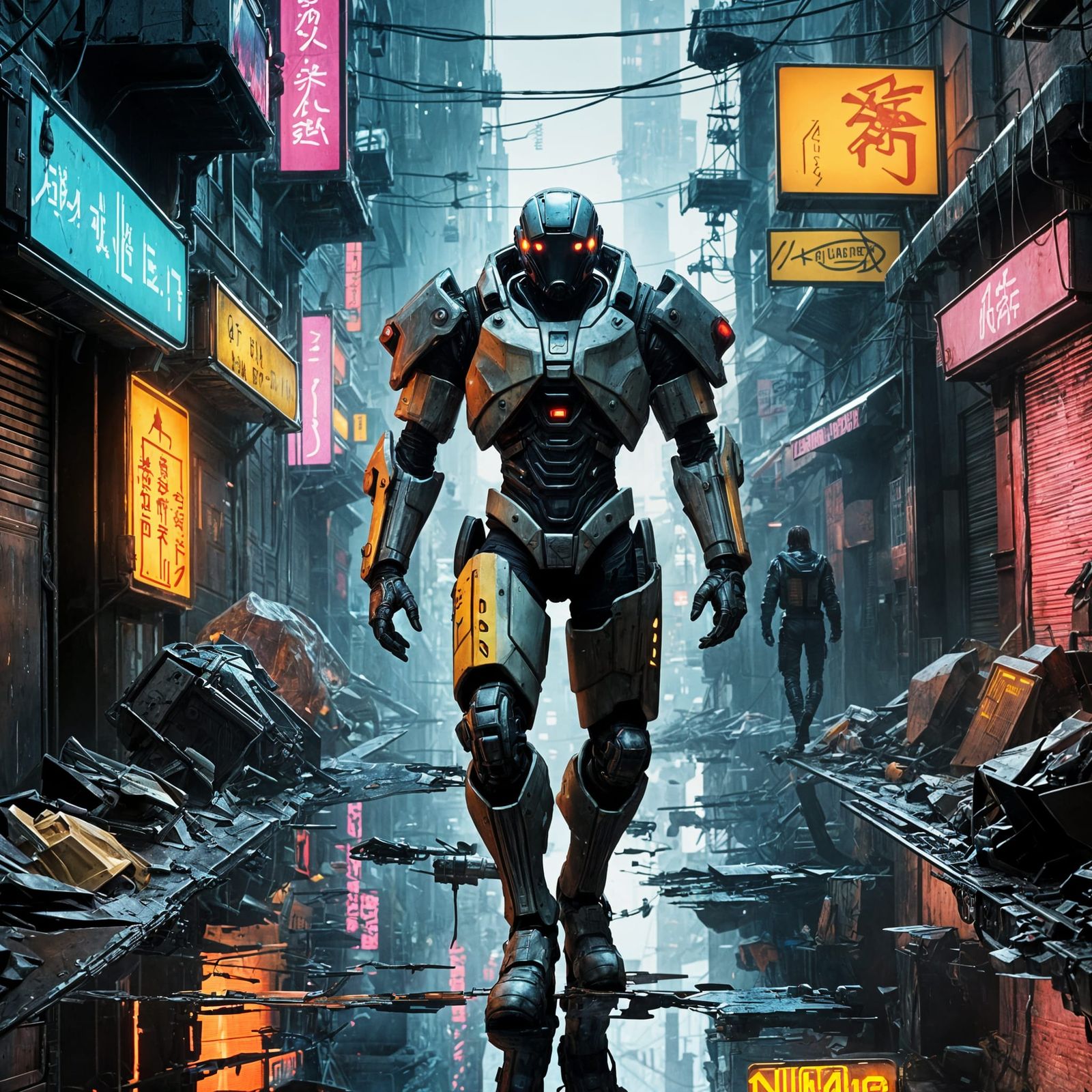 Cyberpunk Warrior Navigates Rain-Soaked Alleyway