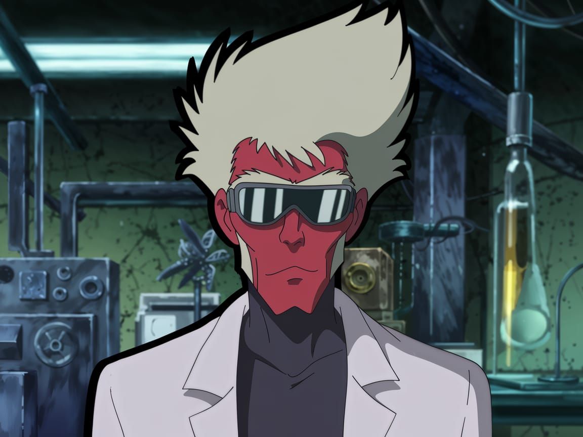 Anime Scientist in Lab, Grotesque Cartoon Style