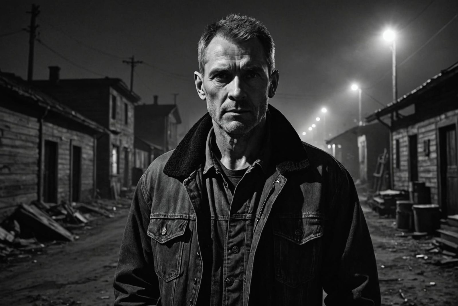 Photorealistic Noir Image of Man in Misty Village